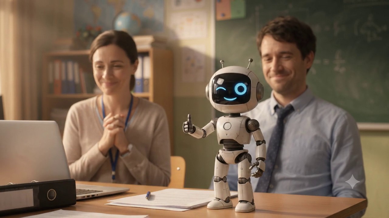 Ed the robot giving a thumbs up while two happy teachers look on