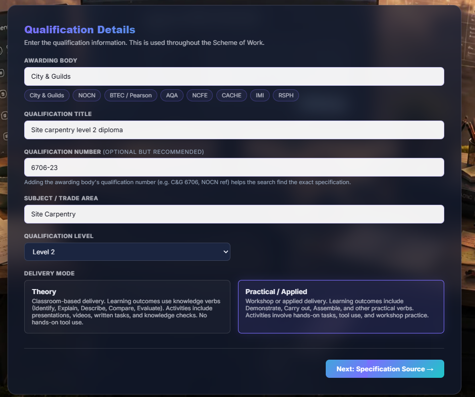 Qualification Details step, with awarding body, qualification title, level and delivery mode