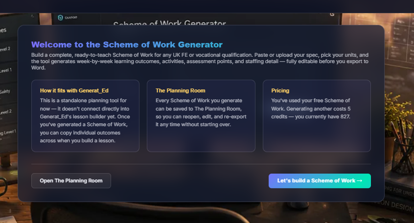 The SoW Generator welcome screen, explaining how it fits with Generat_Ed and how The Planning Room works